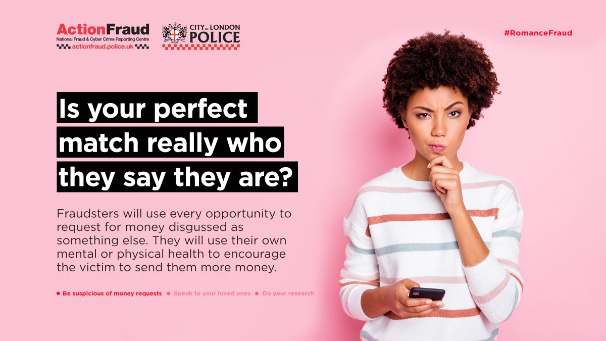reportfrauduk's tweet image. 💕 Met someone online who's asking you for money? Stop and think as it could protect you and your money.

⚠️Criminals are experts at impersonating people. They spend hours researching you for their scams, especially when committing romance fraud.

🔗Find out more…