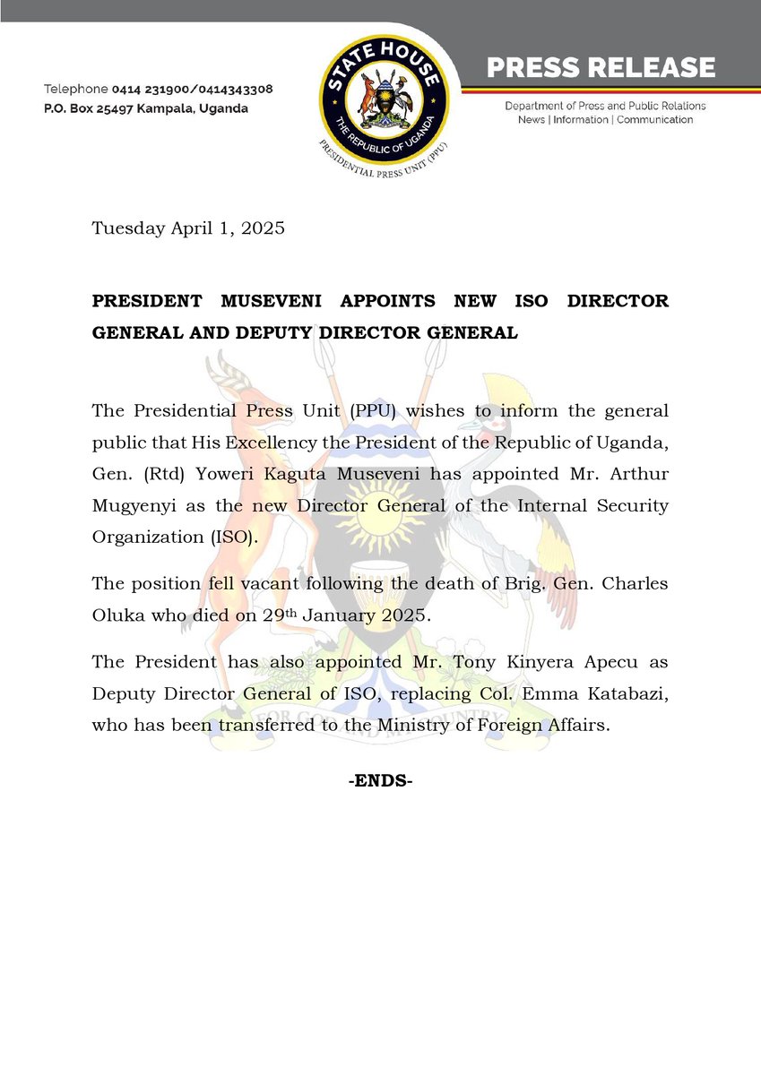 kirunda_faruk's tweet photo. President Museveni appoints new ISO Director General And Deputy Director General. https://t.co/zQ38lQg6Fd