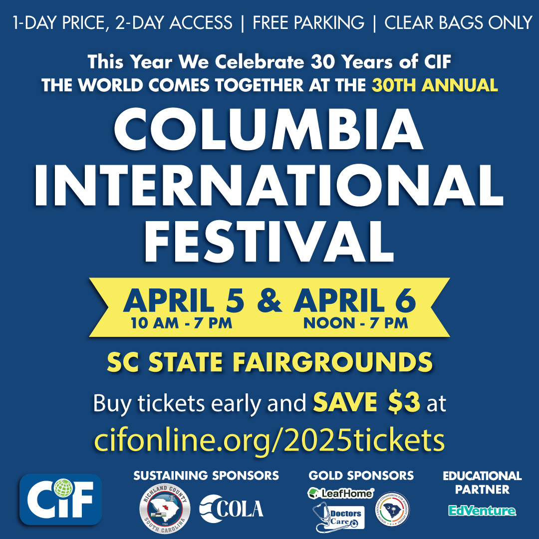 Celebrate 30 Years of Culture &amp; Community!
Join us at the 30th Annual Columbia International Festival on April 5 &amp; 6 at the SC State Fairgrounds! Experience global traditions, delicious food, and vibrant performances.
#ColumbiaInternationalFestival #CIF2025 #CulturalCelebration