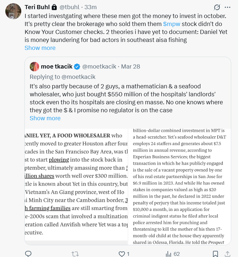 manoleteRe's tweet photo. At Manolete, we think the truth about the origin of how these two inexplicably large $MPW "shareholders" came about will soon come to light and the @SECGov won't be too happy about it. https://t.co/BWegUyjmfT