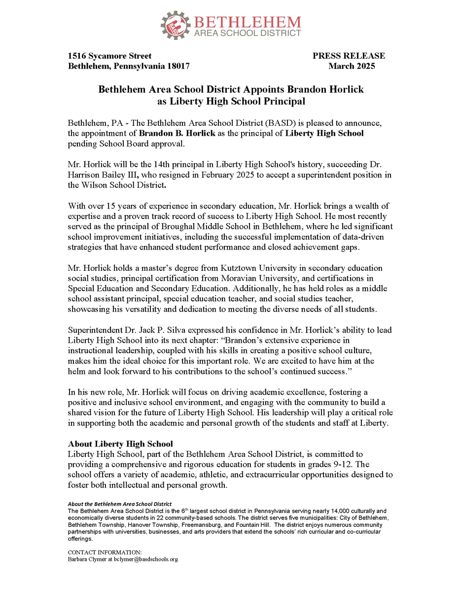 Join us in welcoming Mr. Brandon B. Horlick as the new Principal of @libertyhigh! His leadership marks an exciting new chapter for the Hurricane community. Welcome aboard, Mr. Horlick! 

#BASDproud @BASDJackSilva #LibertyHighSchool #LibertyForever