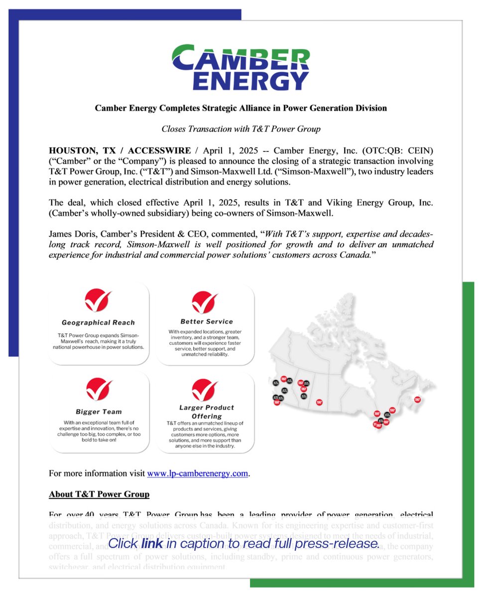 Camber Energy Completes Strategic Alliance in Power Generation Division

Link to full PR -&gt; accessnewswire.com/newsroom/en/oi…

#camber #camberenergy #CEIN #CEI #power #powergeneration #innovation #partnership #simsonmaxwell $CEIN