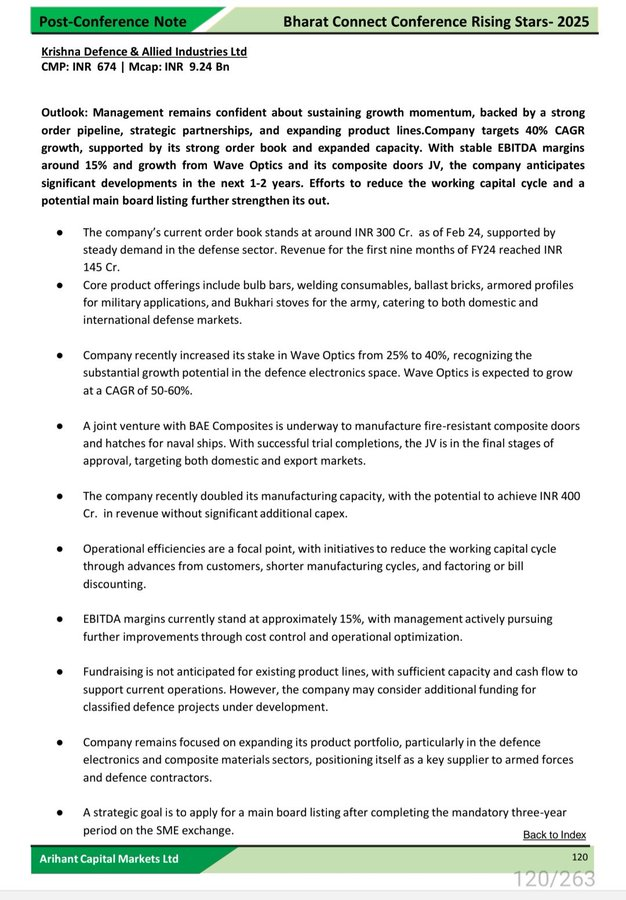 ThriveniKumar1's tweet image. #KRISHNADEF 
BHARAT CONNECT CONFERENCE -2025 
Company Targets 40% CAGR with ₹300 Cr strong order book &amp;amp; capex