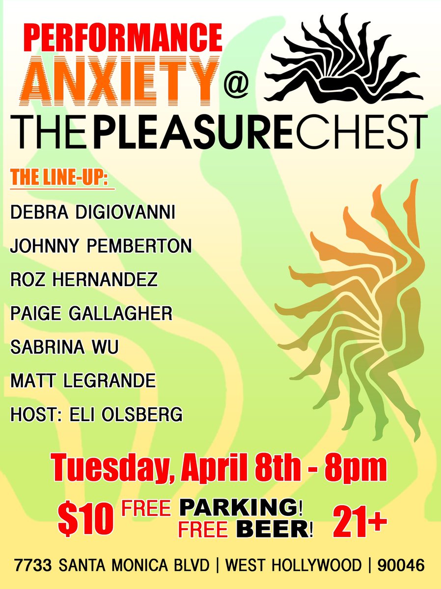 PerformAnxiety's tweet image. NEXT TUESDAY! Come to @PleasureChestLA for our 14 YEAR ANNIVERSARY SHOW with an incredible lineup, giveaways, and more!! Debra DiGiovanni @JOHNNYPEMBERTON Roz Hernandez, Paige Gallagher, @asabrinawu, Matt LeGrande, @EliOlsberg GET TIX: eventbrite.com/e/performance-…