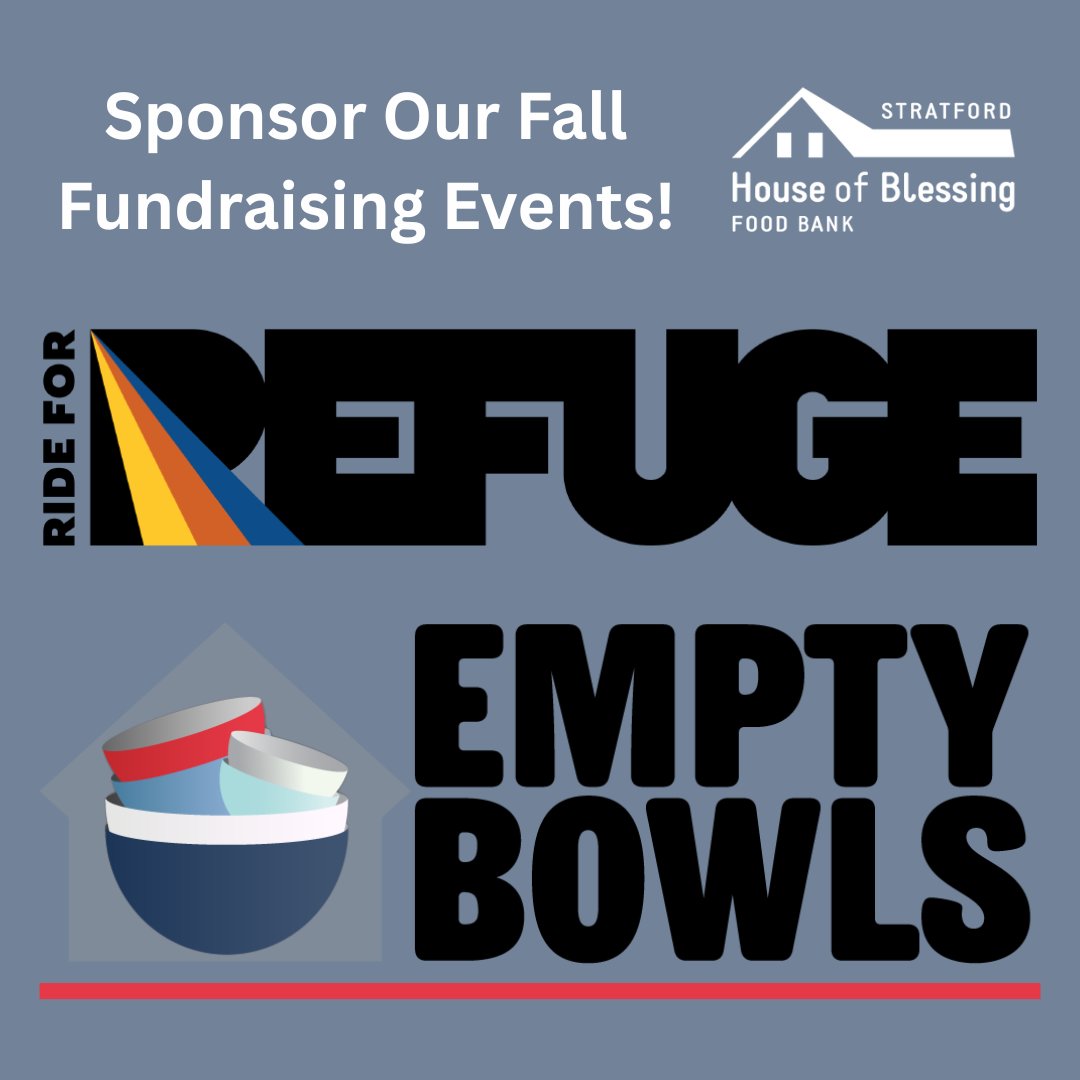 Stratford House of Blessing Food Bank (@stratfordhob) on Twitter photo 🚴🥣 Sponsor Hope. Make an Impact! 🥣🚴
Stratford House of Blessing is seeking sponsors for Ride For Refuge (Oct 4) & Empty Bowls (Oct 24)—fundraising to fight food insecurity.
Why sponsor?
âś… Make a difference
âś… Gain visibility
âś… Engage employees
Contact resources@shob.org 🚴🥣 Sponsor Hope. Make an Impact! 🥣🚴
Stratford House of Blessing is seeking sponsors for Ride For Refuge (Oct 4) & Empty Bowls (Oct 24)—fundraising to fight food insecurity.
Why sponsor?
âś… Make a difference
âś… Gain visibility
âś… Engage employees
Contact resources@shob.org