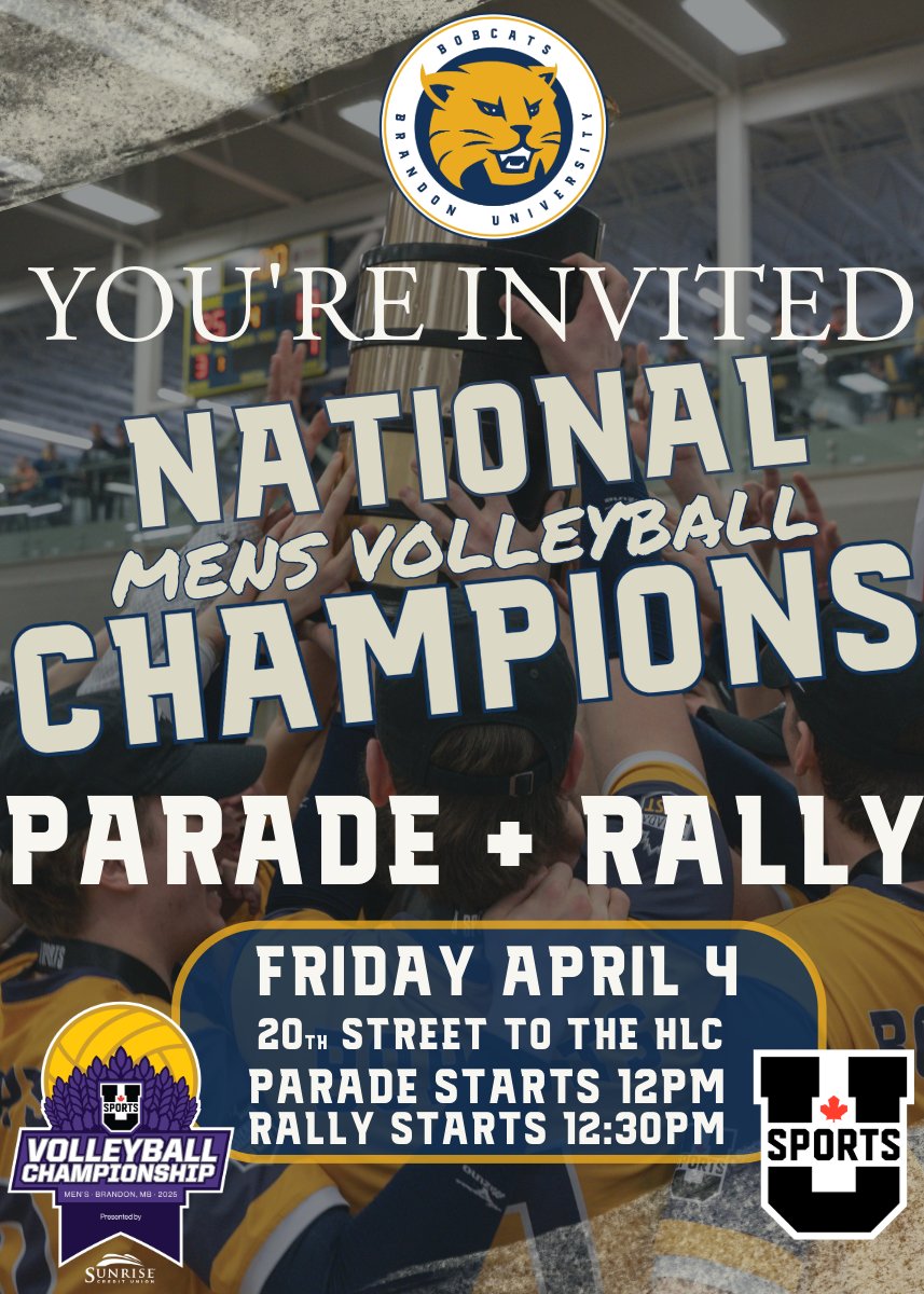 🏆BOBCAT VOLLEYBALL NATIONAL CHAMPIONSHIP PARADE AND RALLY - THIS FRIDAY!!!🥳

Let's pack 20th street down to the HLC and celebrate the 5th national title in <a href="/BrandonUni/">Brandon University</a> history! 

<a href="/CityBrandon/">City of Brandon</a> 
<a href="/BDNfirefighters/">IAFF Local 803 Brandon Firefighter Paramedics</a> 
<a href="/BrandonPolice/">Brandon Police Service</a> 
<a href="/BrandonTourism/">Brandon Tourism</a>