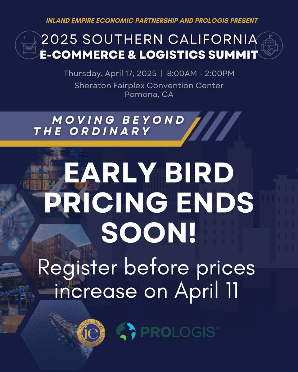 IE Economic Partnership (@ieep_) on Twitter photo ⏳Time is running out— secure your tickets with Early Bird pricing! Visit this link to register: eventbrite.com/e/120379195714…
We hope to see you there ⭐️
For any questions about the event or available sponsorship opportunities, please contact Melanie Fernandez at MFernandez@ieep.com ⏳Time is running out— secure your tickets with Early Bird pricing! Visit this link to register: eventbrite.com/e/120379195714…
We hope to see you there ⭐️
For any questions about the event or available sponsorship opportunities, please contact Melanie Fernandez at MFernandez@ieep.com