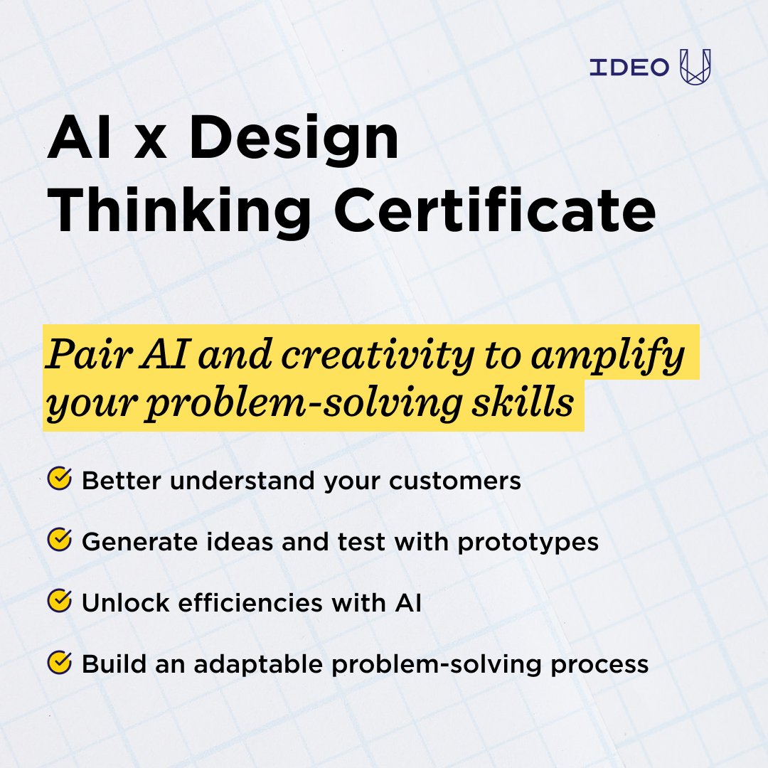 Our new AI x Design Thinking Certificate Program is a great starting point for building a design thinking skill set in the context of today’s ever-evolving technology landscape.

For a limited time, save $300 when you enroll by April 9th. ideo.in/4jpuB6r