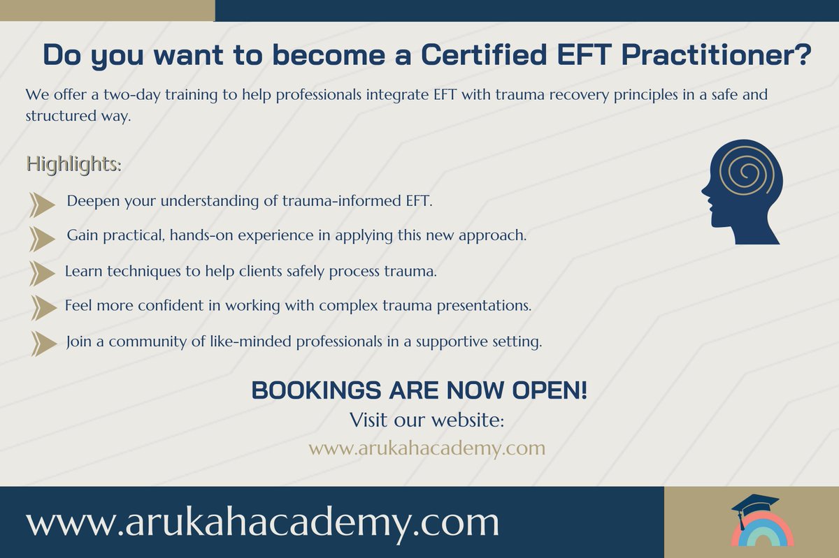 Our Trauma-Focused EFT 2-days course helps professionals with integrating EFT with trauma recovery principles.
Book your spot now at arukahacademy.com!

#Tappingintotransformation #ArukahProject #Traumainformed #EFT #TraumaFocused #ArukahAcademy #EmotionalFreedomTechnique