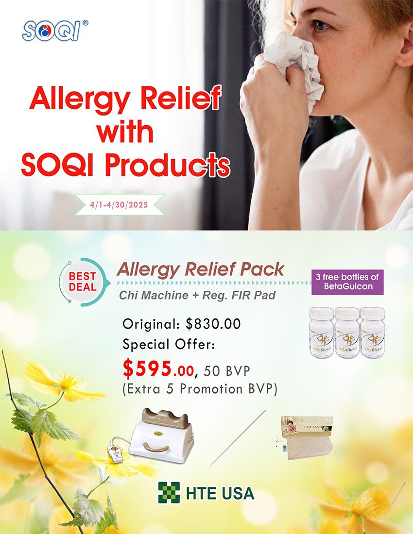 HTEUSA's tweet photo. SOQI Products are an all-natural, multi-energy remedy to seasonal allergies. Purchasing items together in a pack will save money, AND this pack comes with three bottles of our BetaGlucan Supplement. https://t.co/YbueQwo5PX