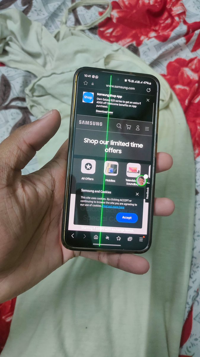 Sangeet96118166's tweet image. After the latest software update, my #GalaxyS23 started showing a random_ green line on the display. How can we trust @SamsungMobile when even_ premium phones fail like this? #Samsung #ScreenIssue #Disappointed
@SamsungIndia 
@SamsungMobile 
@Samsung