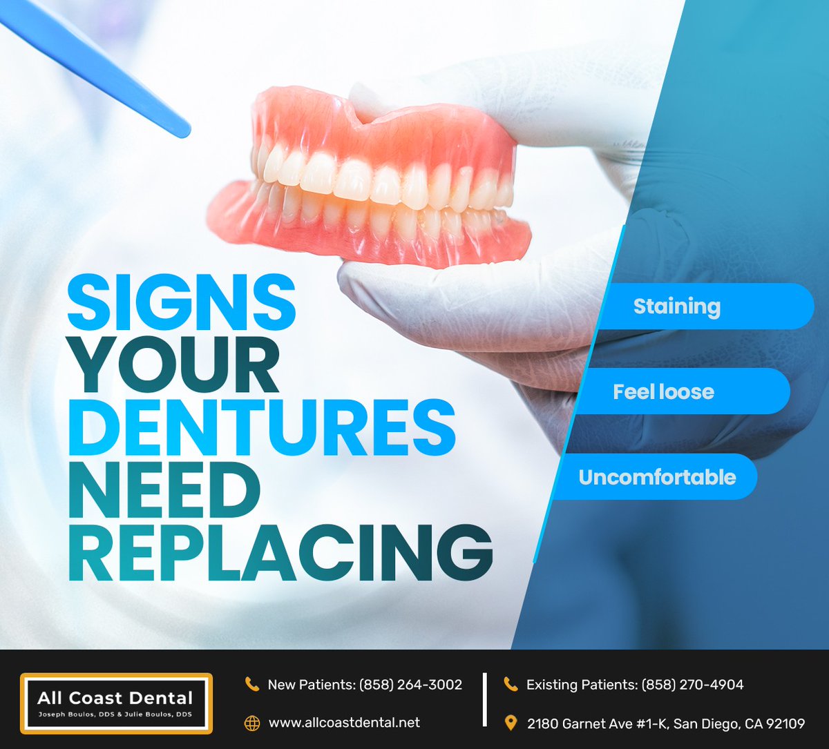 All_coastdental's tweet image. It may be time to replace your dentures if you notice any of these signs. Schedule a visit at allcoastdental.net and restore your oral health and function with fresh dentures. #dentures #loosedentures #oralhealth #AllCoastDental #SanDiego #CA