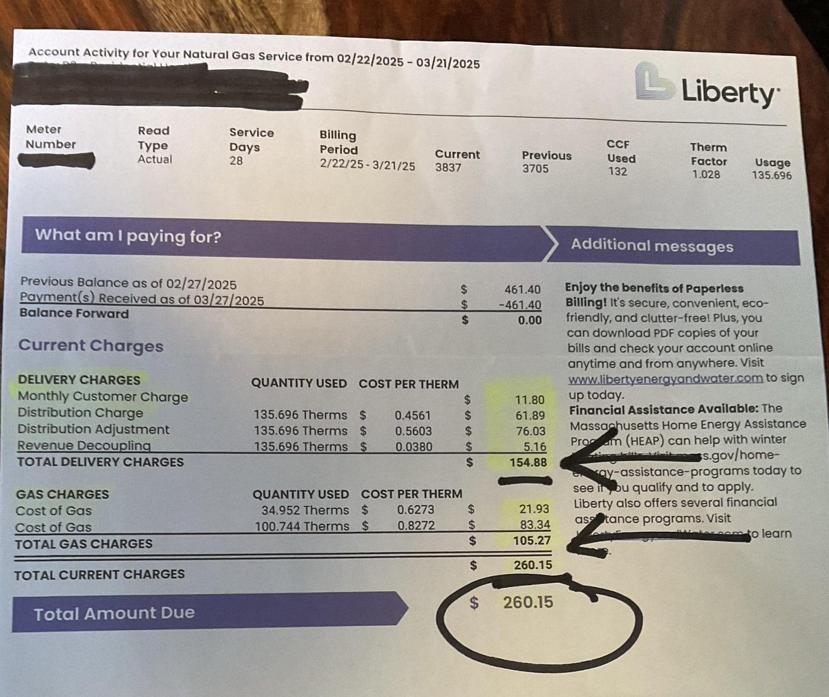 FallRiverReport's tweet photo. "I thought that Massachusetts residents were supposed to get a brief reprieve at least through March from these Delivery Charges. I’m not sure looking at this bill if I actually have any reduction in cost because again, the delivery charges are way more than actual gas usage. Anybody else not experience any changes? We keep our house at 67° steadily." - concerned resident