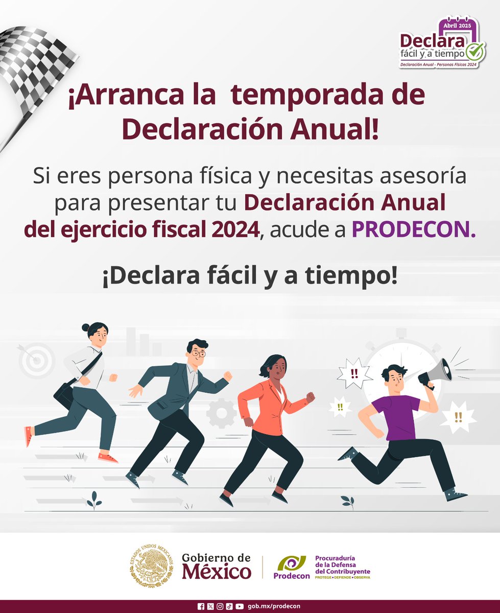 #AbrilMesDeLaDeclaración

En #PRODECON, nuestros especialistas te esperan para que cumplas en tiempo y forma ⏰✅, con la presentación de tu Declaración Anual del ejercicio fiscal 2024, como persona física. 

¡No esperes más! 🗓️Agenda tu cita, aquí:  
👉🏼 citas.prodecon.gob.mx