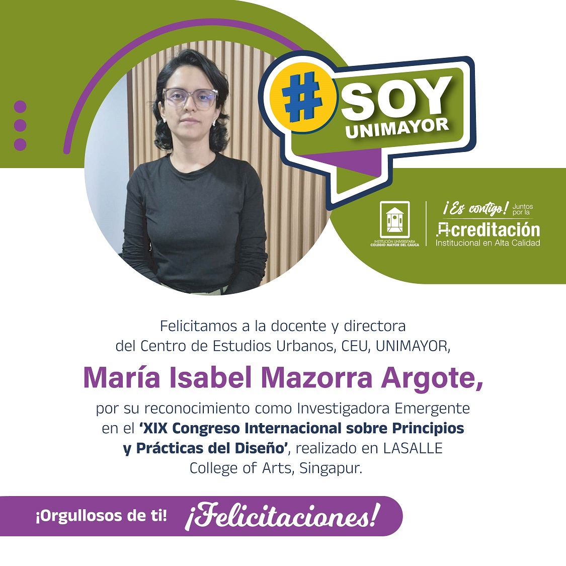 🏆✨Nuestra docente y directora del Centro de Estudios Urbanos, CEU, María Isabel Mazorra, ha sido reconocida como Investigadora Emergente en el XIX Congreso Internacional sobre Principios y Prácticas del Diseño, realizado en Singapur: acortar.link/iXo9PR