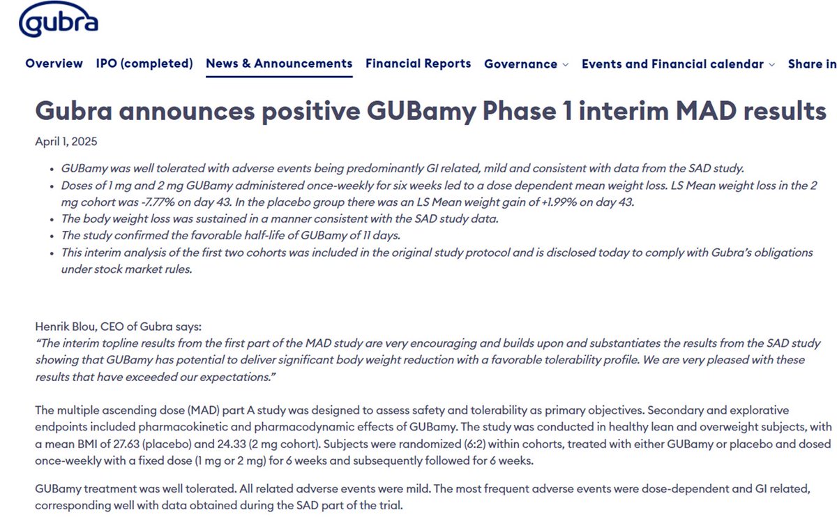 Phase 1 MAD 6 week data for the once weekly GUBRA investigational amylin analogue GUBamy with a t1/2 of ~11 days #weightloss #obesity <a href="/abbvie/">AbbVie</a>  investors.gubra.dk/news-and-annou…