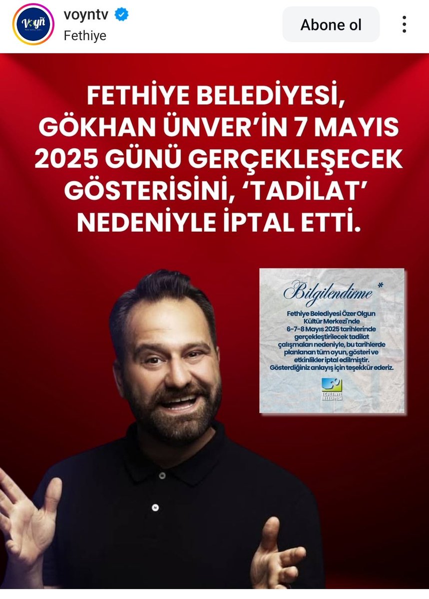 ismailari_'s tweet photo. Fethiye Belediyesi de Gökhan Ünver'in gösterisini iptal etti https://t.co/IDOqRSXJCZ