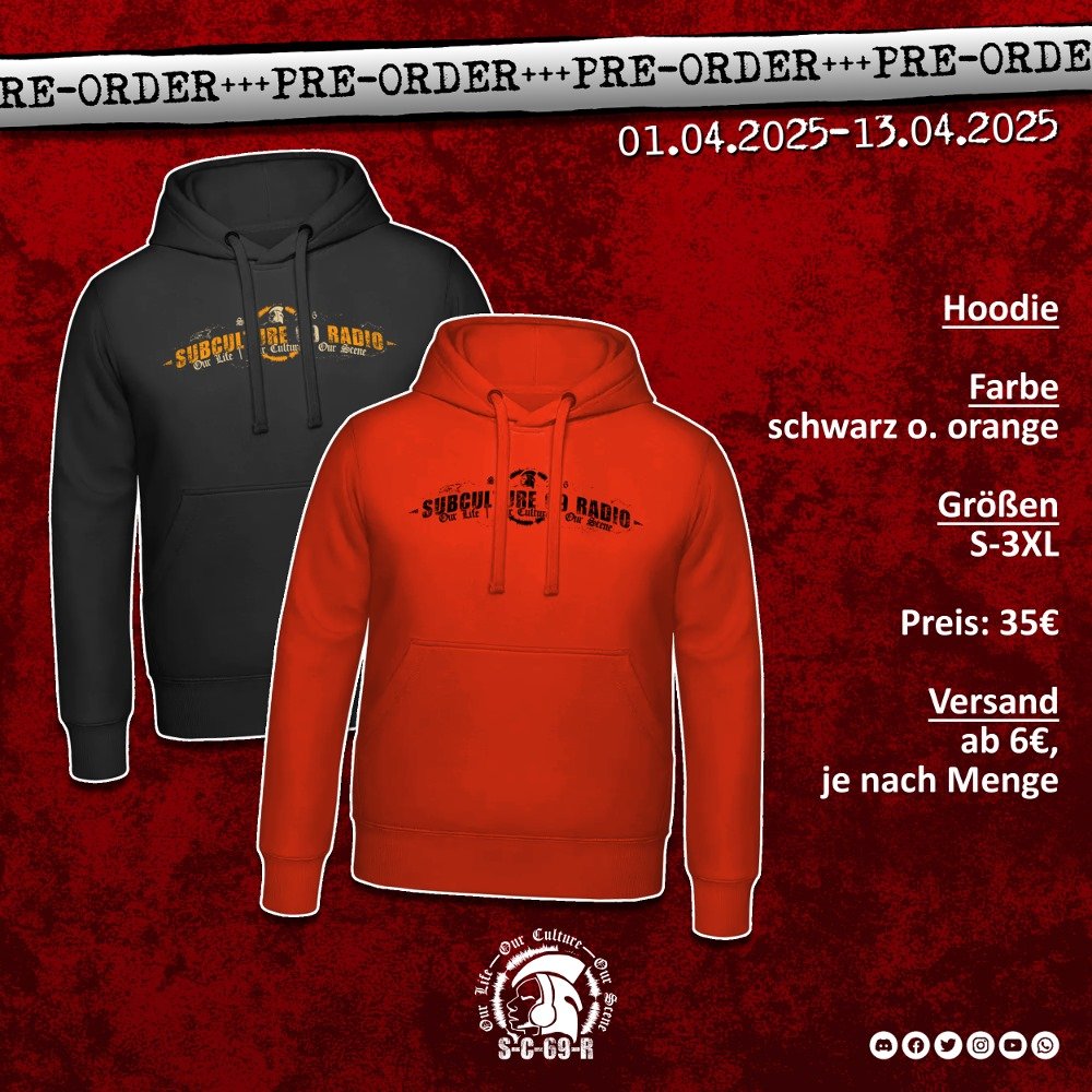 Vorbestellungen auf Facebook, Instagram, Whatsapp (Community Chat – chat.whatsapp.com/Lh7pCHfArciExd… ) oder via Mail subculture69radio@gmail.com

Zahlbar per Überweisung, Paypal, Bar, Twint (CH)