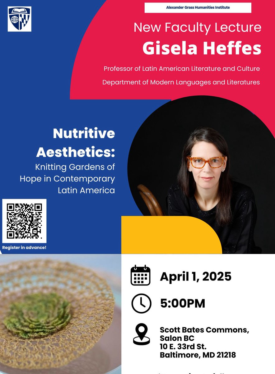Today! I am super honored and thrilled to deliver today the Alexander Grass Humanities Institute (AGHI)’s New Faculty Lecture on Nutritive Aesthetics: Knitting Gardens of Hope in Contemporary Latin America. The talk is open to the public and will be followed by a reception 🌷🌿🍄