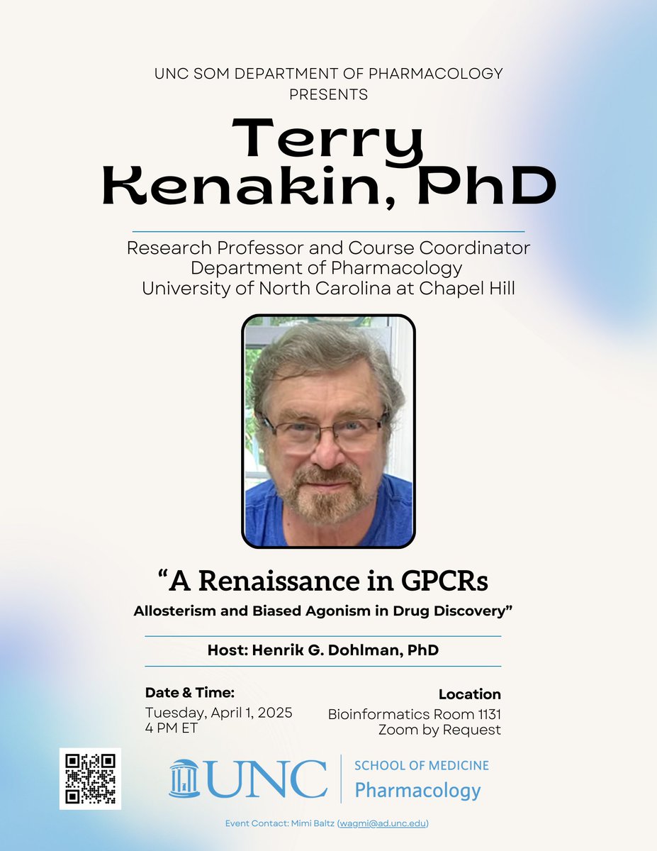 Join us for today's exciting seminar featuring Dr. Terry Kenakin, a distinguished member of our own department. Come and hear Dr. Kenakin speak on his groundbreaking research on drug-receptor interactions and the molecular pharmacology of receptors!