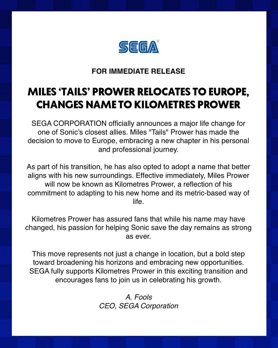 SEGA's tweet image. Official Statement: Miles 'Tails' Prower
