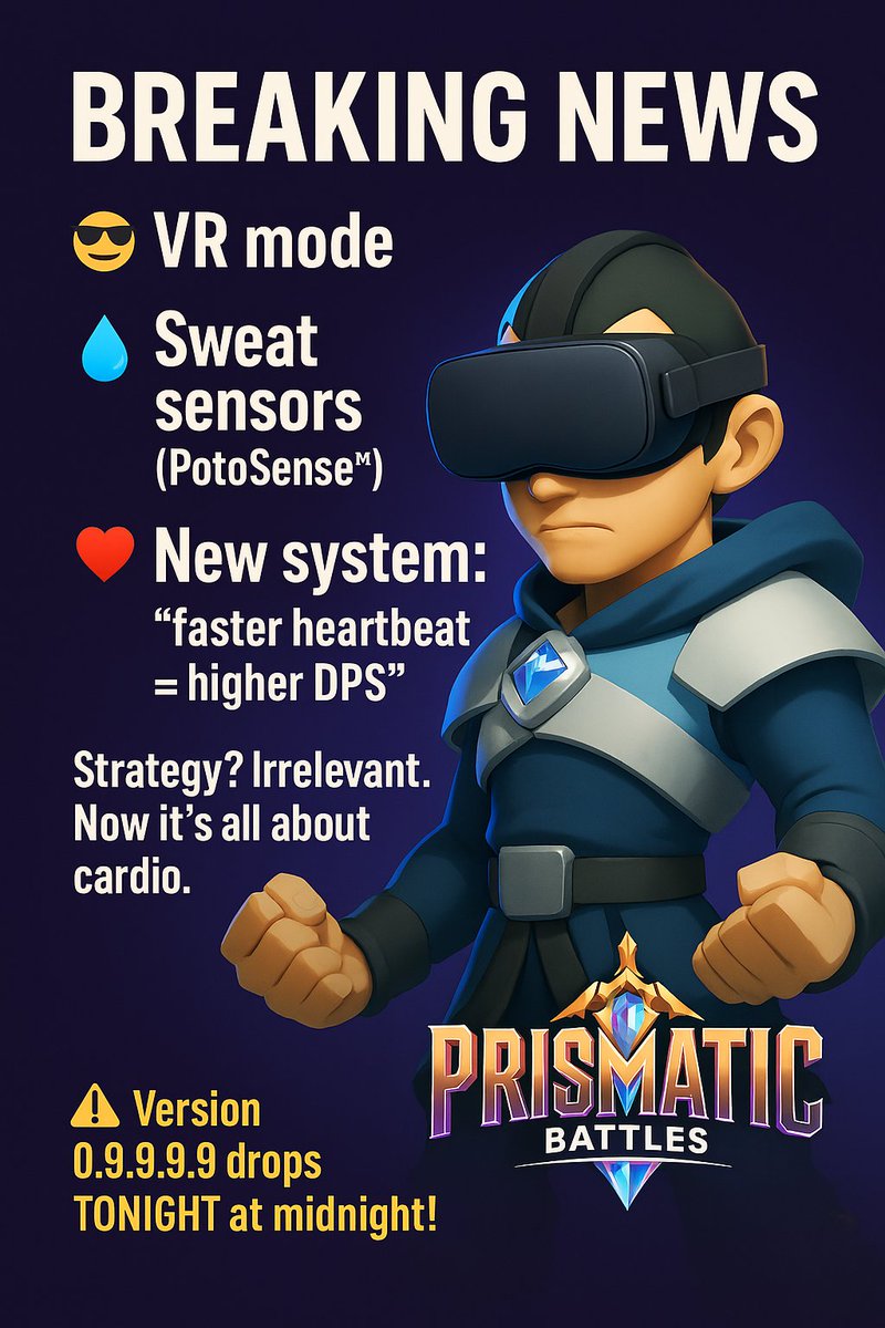 Starting today, Prismatic Battles supports:
😎 VR mode
💦 sweat sensors (PotoSense™)
❤️ new system:
"faster heartbeat = higher DPS"
🧘 Strategy? Irrelevant.
🏃 Now it's all about cardio.
⚠️ Version 0.9.9.9.9.1 drops TONIGHT at midnight!
#PrismaticBattlesVR #AprilFools
