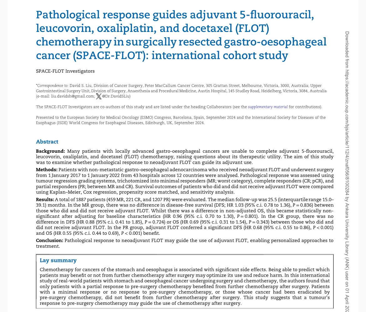 Erman Akkus (@erman_akkus) on Twitter photo 🛰️SPACE-FLOT full article published
<a href="/BJSurgery/">BJS</a> 
❓Neoadjuvant FLOT, surgery, then adjuvant FLOT all comers? pathological response guided?
➡️International retrospective, 1887 pts
✅Adjuvant FLOT benefits in partial responders (PR)
❌But not in minimal responders (MR) or 🛰️SPACE-FLOT full article published
<a href="/BJSurgery/">BJS</a> 
❓Neoadjuvant FLOT, surgery, then adjuvant FLOT all comers? pathological response guided?
➡️International retrospective, 1887 pts
✅Adjuvant FLOT benefits in partial responders (PR)
❌But not in minimal responders (MR) or