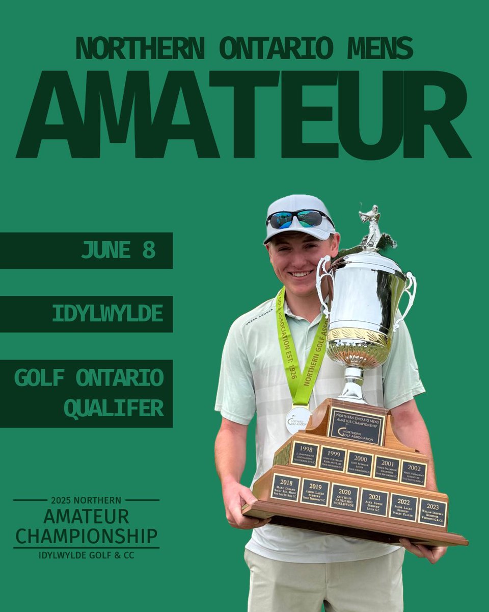 The 2025 Northern Mens Amateur is set to take place at the Idylwyde on June 8th!

This event serves as a qualifier for the <a href="/TheGolfOntario/">Golf Ontario</a> Mens Amateur Championship at Deerhurst Highlands.

🔗 golfgenius.com/pages/11289494… 

(Pictured is 2024 Champion, Jacob Lacko)

#NorthernAM