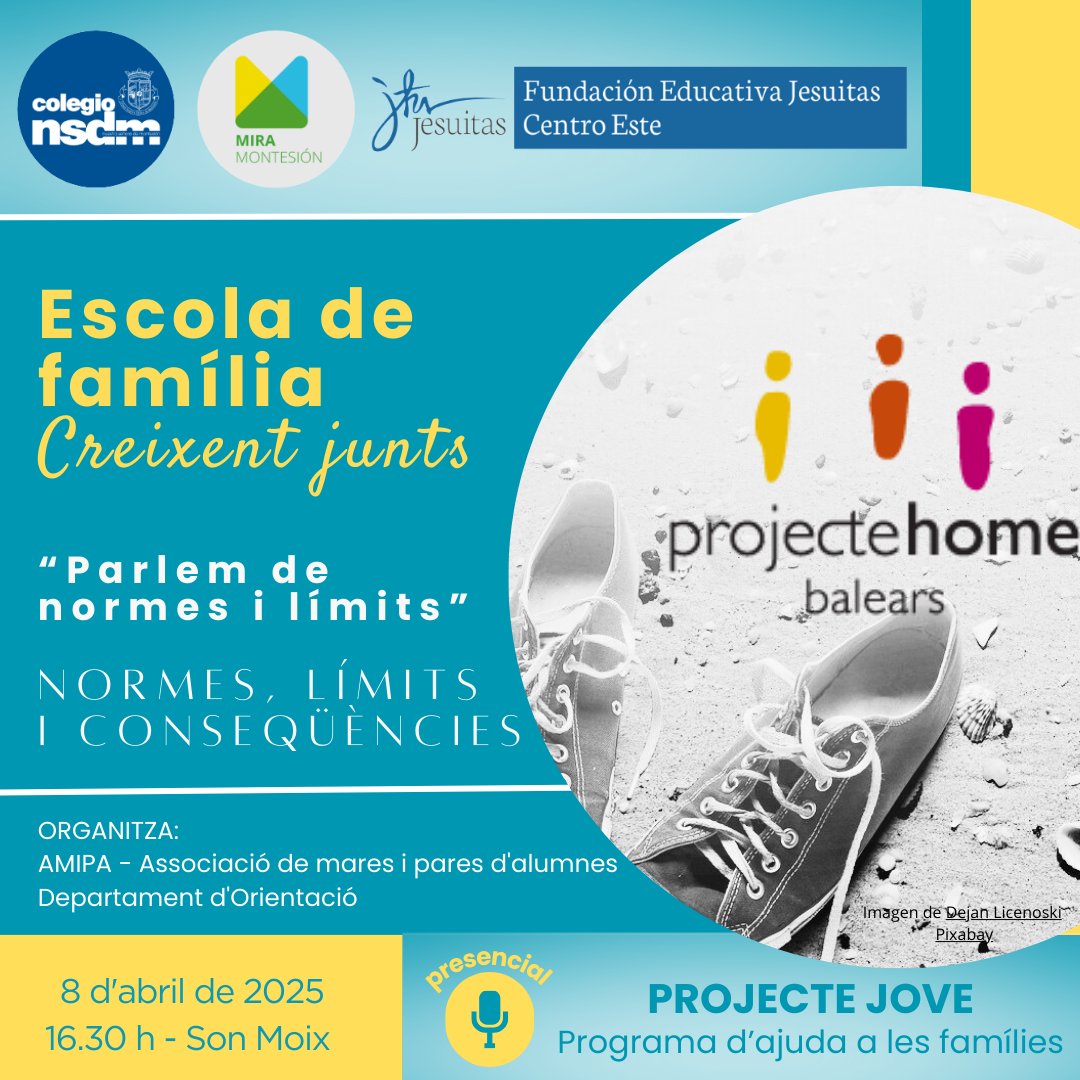 📢📢 Escola de família: Creixent junts.
"PARLEM DE NORMES I LÍMITS"
📌 Projecte Jove <a href="/projectehomebal/">Projecte Home Balears</a> 

🗓 8 d'abril
🕟 16.30 h Saló d'actes (Son Rapinya)
📍 Servei de guarderia
#AMYPAMontesión