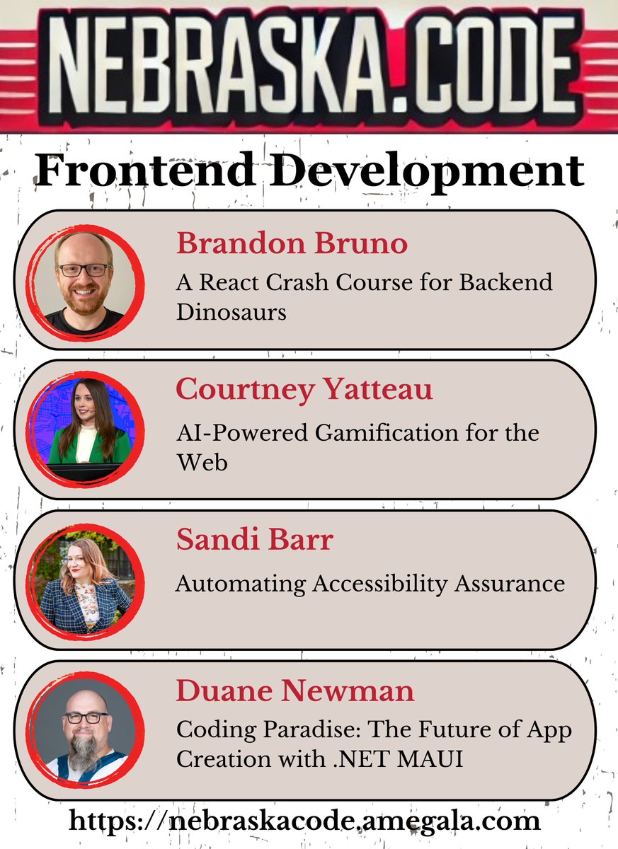amegala's tweet photo. Brandon Bruno, @c_yatteau, Sandi Barr, and @duanenewman present on Frontend Development this July at Nebraska.Code().
https://t.co/JNn2hF61QN
#Frontend #Backend #Gamification #AI #Lincoln #Accessibility #NETMAUI #Development #TechConf @PinnacleArena @BackAtTheMac @NNFANALA @NEDept_AdmSrvs @Nebraska_OCIO @LTULNK @GovernmentCIO @KearneyHub @SarpyCountyGov