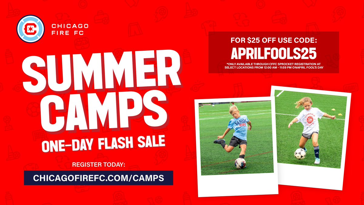 🚨This is NOT an April Fools' Day trick—get $25 off <a href="/ChicagoFire/">X - Chicago Fire FC</a> Summer Camps at select locations, today only, with promo code APRILFOOLS25

🔗: chicagofirefc.com/camps