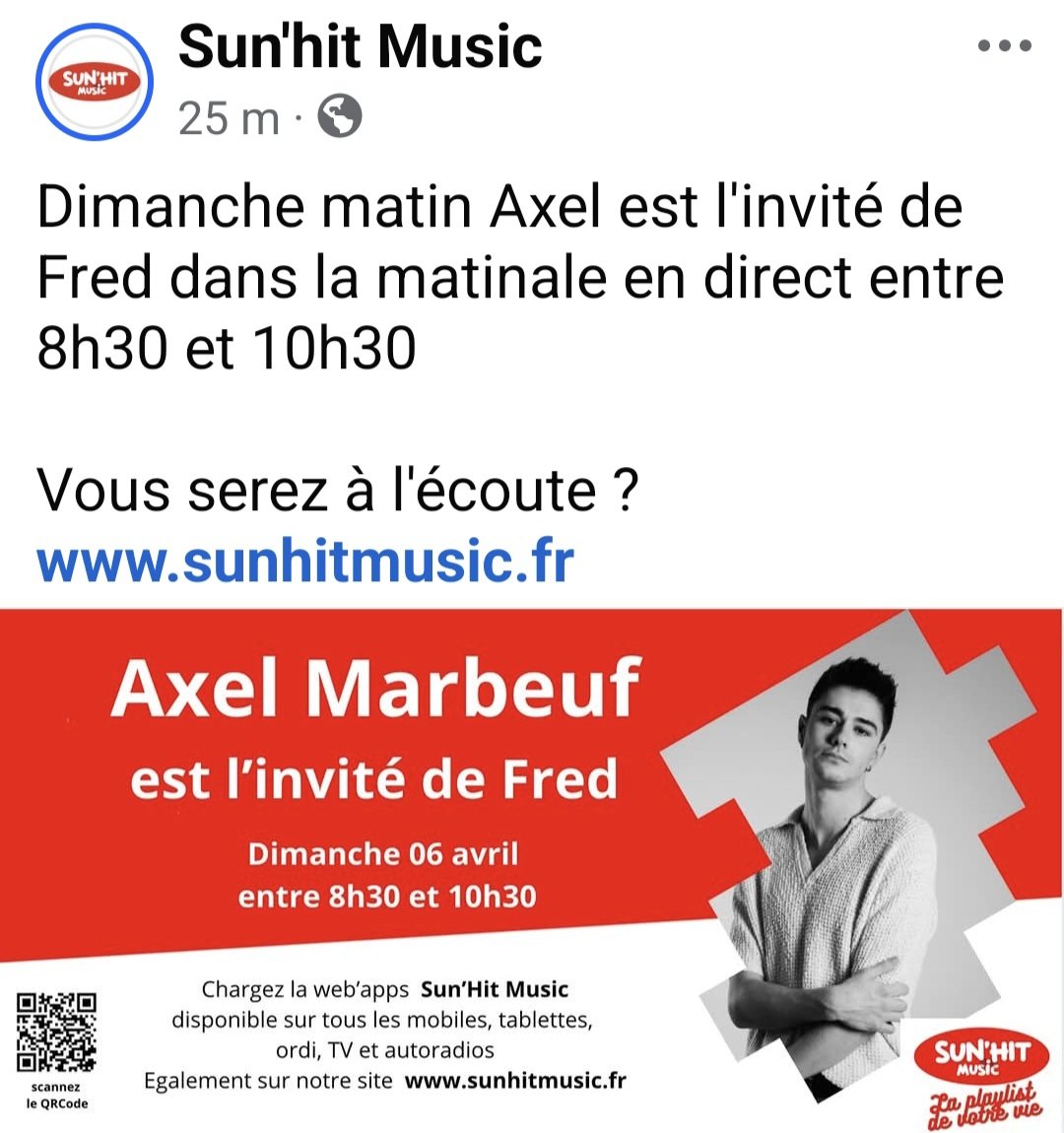ClaudieSenechal's tweet photo. Axel en direct sur Sunhit dimanche 6 avril de 8h30 à  10h30 
Réveil matinal la Team  mais c'est pour la bonne cause 😉
#AxelMarbeuf #Sunhit https://t.co/aYW2oRPvcU
