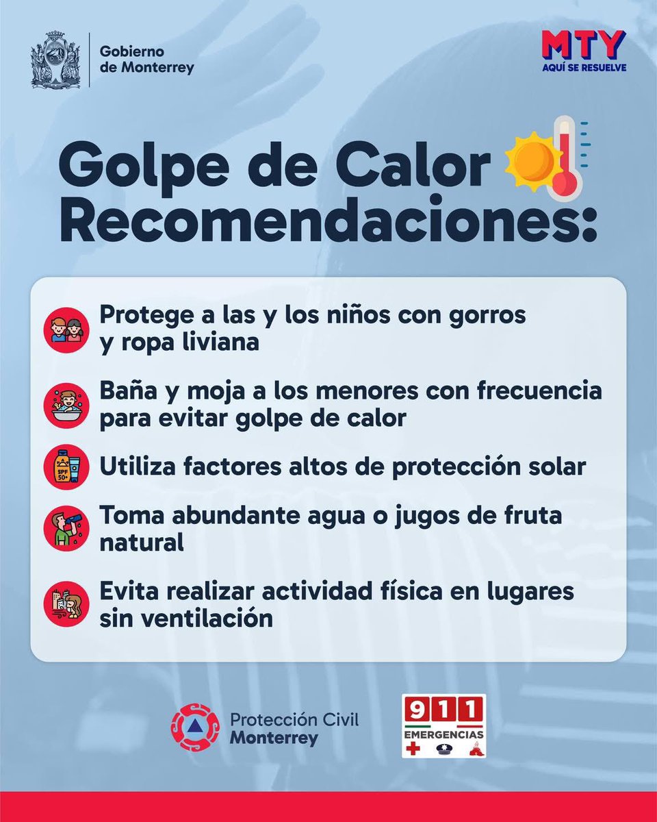 ¡Alerta de calor! ☀️ 

La temporada de altas temperaturas aumenta el riesgo de sufrir golpe de calor, deshidratación, enfermedades diarreicas y quemaduras solares. 
Ante cualquier emergencia comunícate al 9-1-1☎️

#AquíSeResuelve  #ProtecciónCivilLoHacemosTodos
