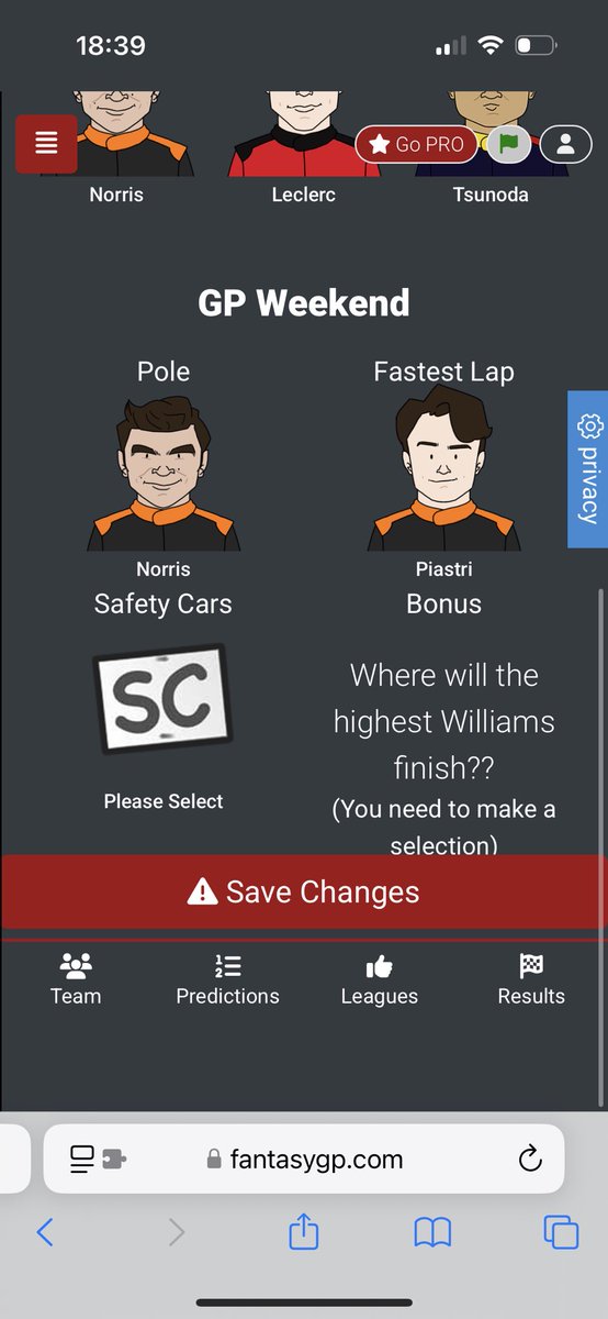 E11enJane's tweet photo. @Fantasy_GP hi ya. On my phone I am unable to pick an option for the bonus. The save changes button obscures the picker. https://t.co/NmuSoNNTEA