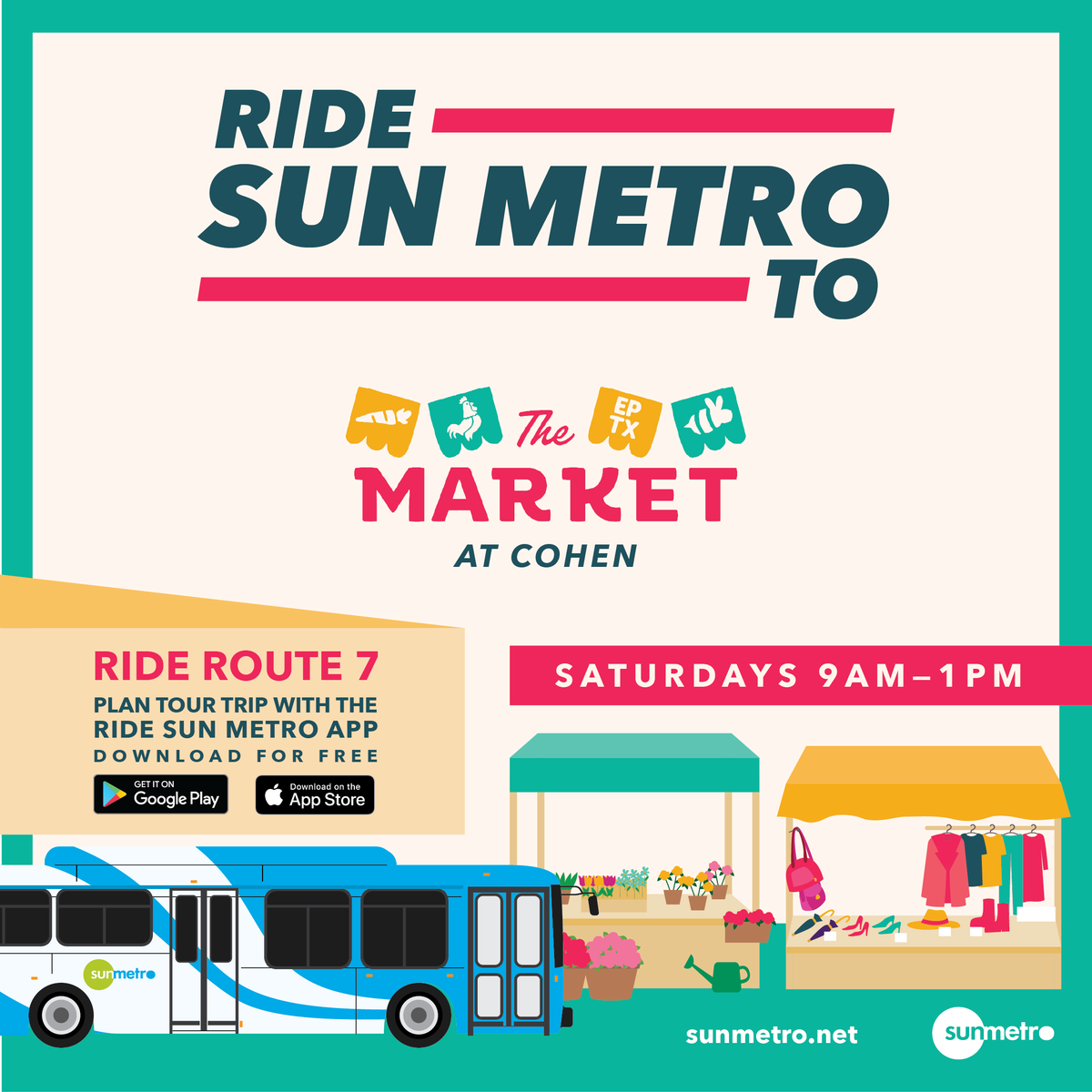 Ride Sun Metro to The Market at Cohen! 🛍️🐝🥬 ️Hop on Route 7 and join in on the fun from 9am-1pm, Saturdays at Camp Cohen, 9700 Gateway N Blvd.

Plan your trip online: sunmetro.net

📲 Download the app here: bit.ly/3kfPPuk