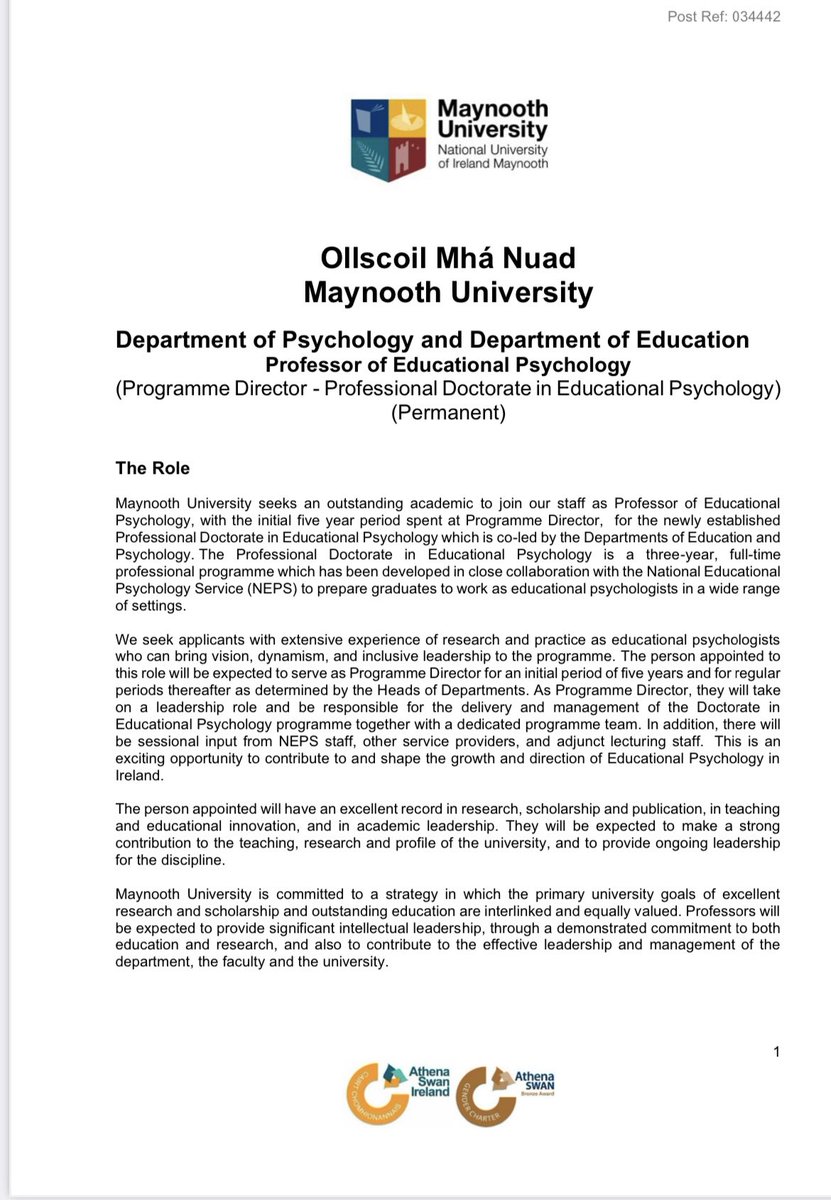 Dr Catriona O’Toole 🍉 (@catrionaotoole) on Twitter photo 🚨 we are now recruiting a Professor in Educational Psychology 🚨to join our teams in <a href="/MaynoothUni/">Maynooth University</a> <a href="/MU_Education/">Education Department Maynooth University</a> <a href="/MUpsychdept/">MU Psychology</a> & lead our new Professional Doctorate.
Four other permanent p/t and f/t posts in EdPsych also open! Exciting times!!
my.corehr.com/pls/nuimrecrui… 🚨 we are now recruiting a Professor in Educational Psychology 🚨to join our teams in <a href="/MaynoothUni/">Maynooth University</a> <a href="/MU_Education/">Education Department Maynooth University</a> <a href="/MUpsychdept/">MU Psychology</a> & lead our new Professional Doctorate.
Four other permanent p/t and f/t posts in EdPsych also open! Exciting times!!
my.corehr.com/pls/nuimrecrui…