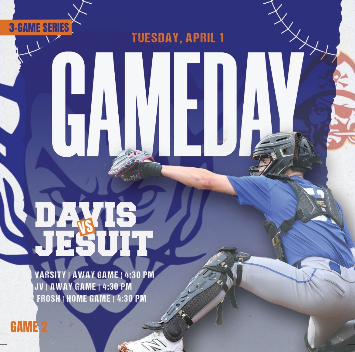 _DHS_Baseball's tweet photo. No April Fool’s jokes here—Game 2 of the Jesuit series is happening today!

JV &amp; Varsity go for the series win. Frosh looks to even things up. 

1st pitch 4:30 PM:  ⚾ Varsity • Away Game  ⚾ JV • Away Game  ⚾ Frosh • Home Game
📸:@revairecreative
#BlueDevilsBaseball #BDP https://t.co/UZgNgAlL8T