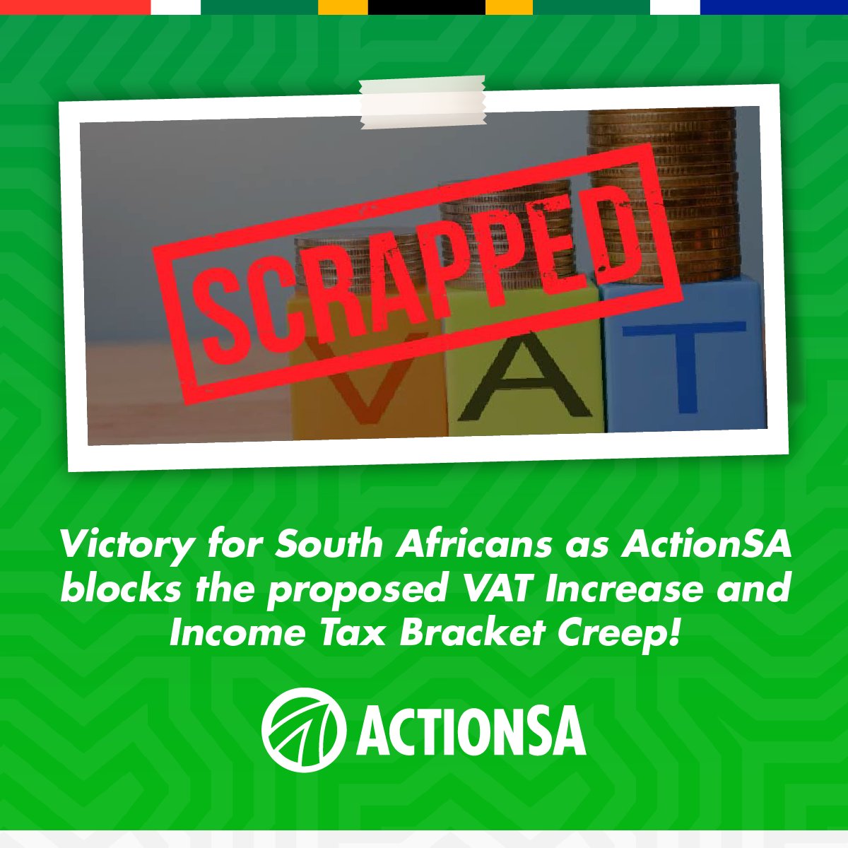 ActionSA has successfully stopped the proposed 0.5% VAT Increase and secured income tax relief.

This is a major victory in our ongoing fight for a responsible fiscal framework that protects South Africans from excessive taxation. 

🔗 Read more: actionsa.org.za/actionsa-welco…