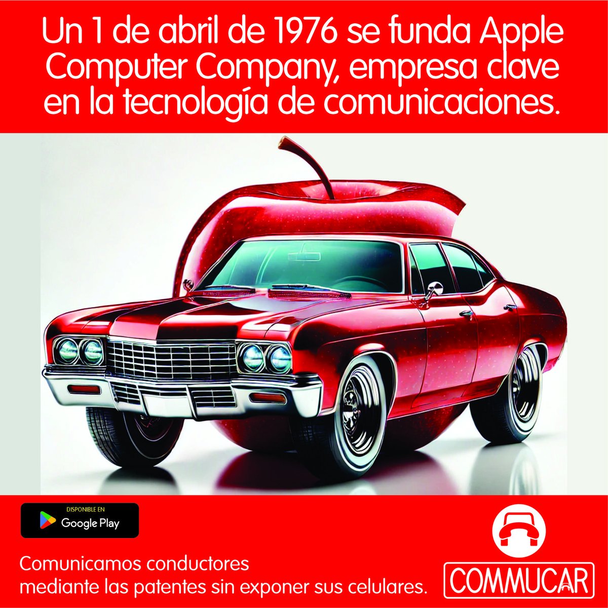 commucar's tweet image. ¡Feliz cumpleaños, Apple! Un 1 de abril de 1976 se fundó está gran empresa, que ha contribuido con su creatividad y tecnología a millones en el mundo. Como Commucar, que se preocupa de comunicar a conductores a través de las patentes, sin necesidad de saber sus celulares.