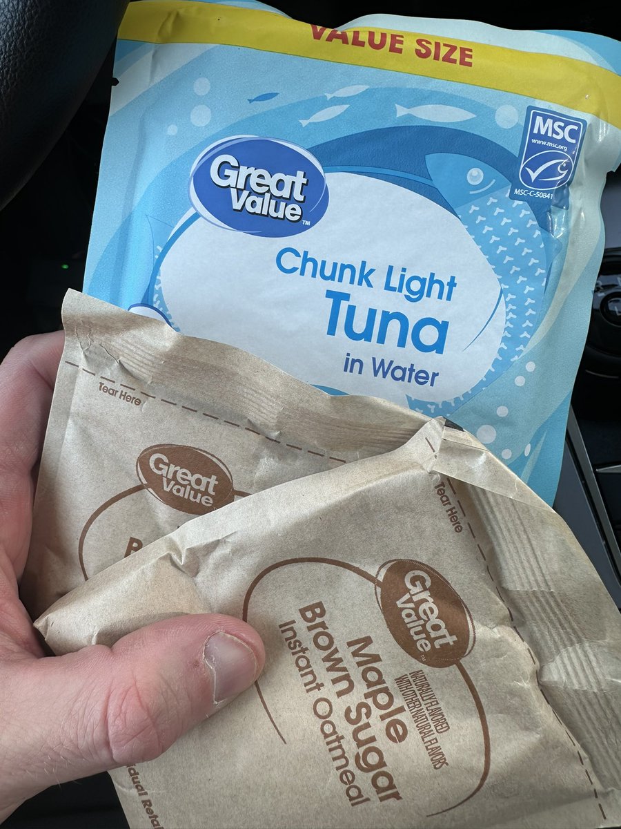 Chefs for lunch today I have prepared for you…dry oats in a maple brown sugar reduction powder…along with a delicate fish packet carefully squeezed into the mouth and the packet rinsed with Omni energy drink and then consumed to make sure we don’t waste any bits…enjoy.