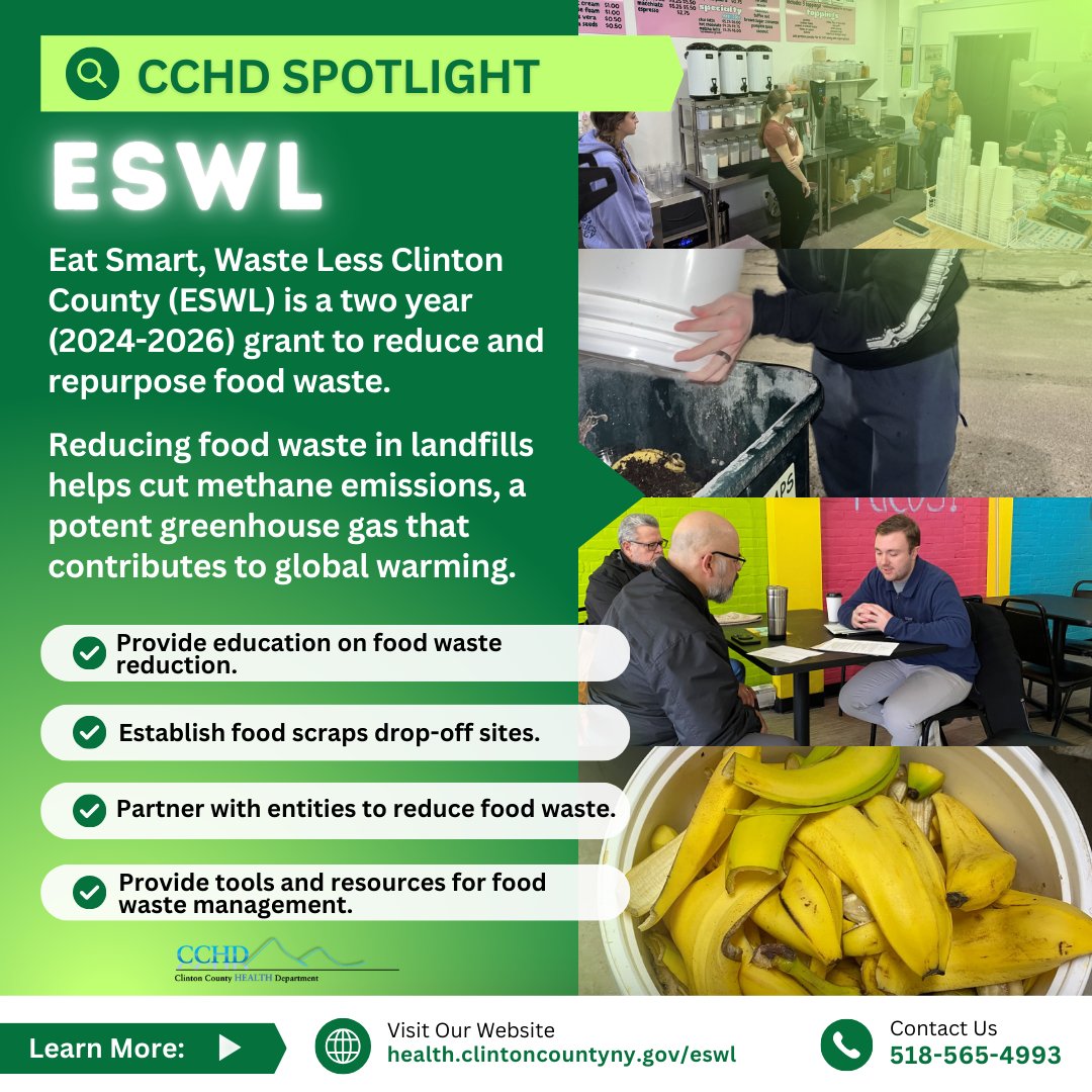 #ESWL works to reduce and repurpose #FoodWaste in #ClintonCounty. We have passed 2 #FoodWasteReduction policies and recruited 10 more partners just this year! To learn more about ESWL, visit health.clintoncountyny.gov/eswl or call 518-565-4993.