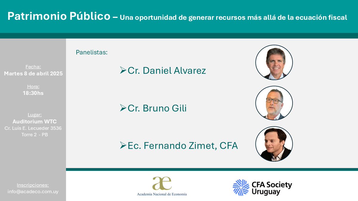 En conjunto con CFA Society Uruguay los invitamos a participar del evento: 

Patrimonio Público – Una oportunidad de generar recursos más allá de la ecuación fiscal. 

🗓️Próximo martes 8 de abril a las 18:30hs en el Auditorium WTC. Torre 2.