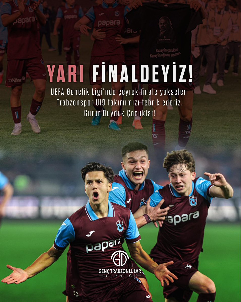 YARI FİNALDEYİZ! 💪

UEFA Gençlik Ligi'nde yarı finale yükselen Trabzonspor U19 takımımızı tebrik ederiz.

Gurur Duyduk Çocuklar! ♥️💙

#GençTrabzonlularDerneği