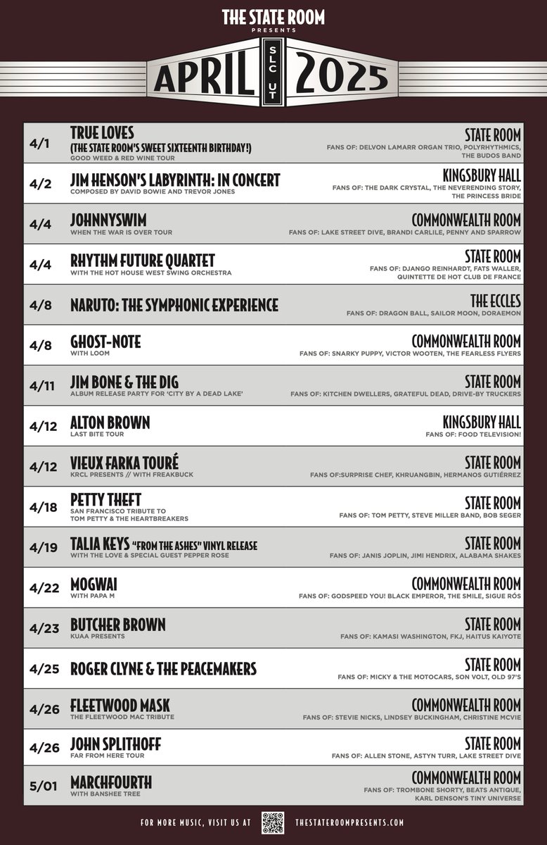 All April, no fools. 🎶 A little bit of something for everyone comin’ up this month. Discover a new artist while joining us for a returning favorite. 🕺🏽