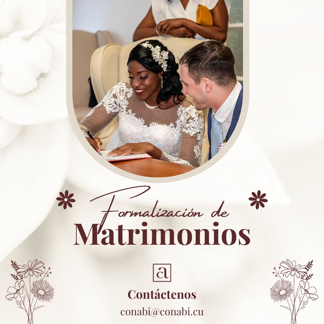 El equipo notarial de #Conabi les ofrece el servicio de formalización de matrimonios entre ciudadanos extranjeros; ciudadanos extranjeros y ciudadanos cubanos.
Escríbanos a conabi@conabi.cu y le enviamos todos los detalles.