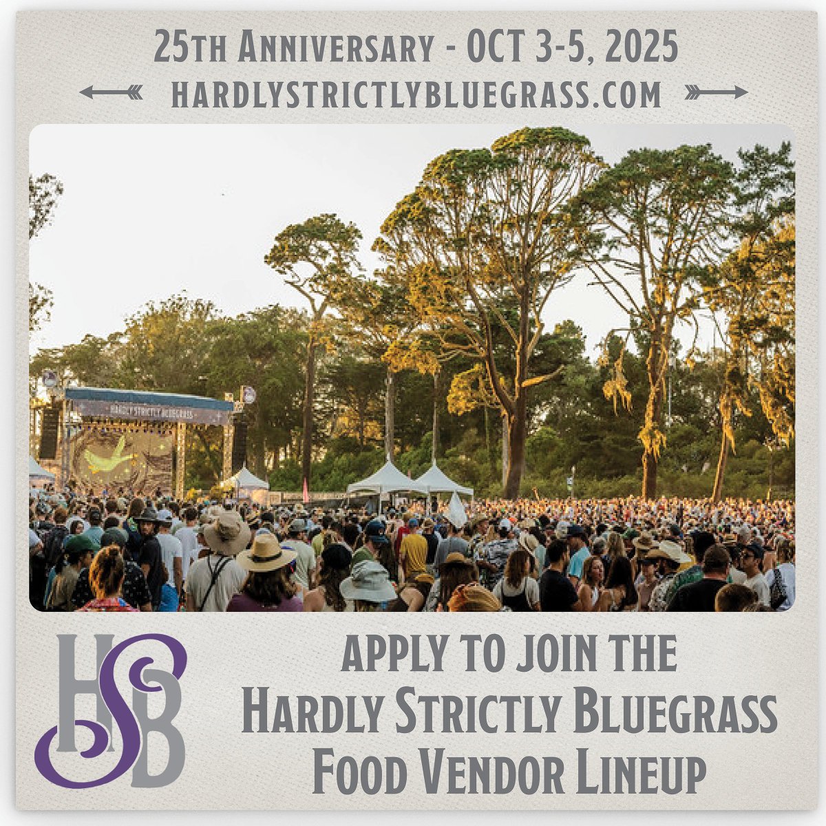 Interested in serving up delicious and healthful cuisine reflecting the season, demographic, and ethos of Hardly Strictly Bluegrass? 2025 Hardly Strictly Bluegrass Food Vendor Lineup application here: forms.gle/nesfcErbSgCoWa…
Applications close 6/1
#hardlystrictlybluegrass
#hsb25