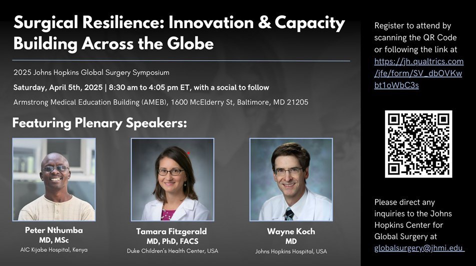 Hopkins Surgery (@hopkinssurgery) on Twitter photo The 2025 Johns Hopkins Global Surgery Symposium is happening April 5, 2025 at the Armstrong Medical Education Building (AMEB)!
🔗 RSVP: jh.qualtrics.com/jfe/form/SV_db…
Johns Hopkins Center for Global Surgery: <a href="/JHGlobalSurgery/">Johns Hopkins Global Surgery</a>
#JHGlobalSurgery #GlobalSurgery The 2025 Johns Hopkins Global Surgery Symposium is happening April 5, 2025 at the Armstrong Medical Education Building (AMEB)!
🔗 RSVP: jh.qualtrics.com/jfe/form/SV_db…
Johns Hopkins Center for Global Surgery: <a href="/JHGlobalSurgery/">Johns Hopkins Global Surgery</a>
#JHGlobalSurgery #GlobalSurgery