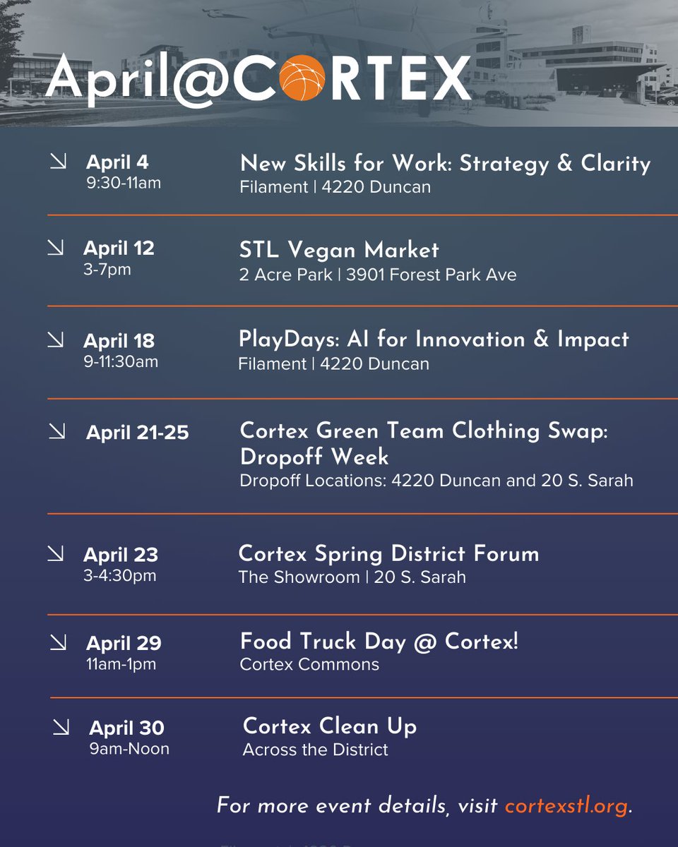 Happy April! The District is buzzing this month with opportunities to connect, learn and even grab a bite to eat from the Commons. For daily updates and more details, visit our Events calendar: cortexstl.org/gather/events