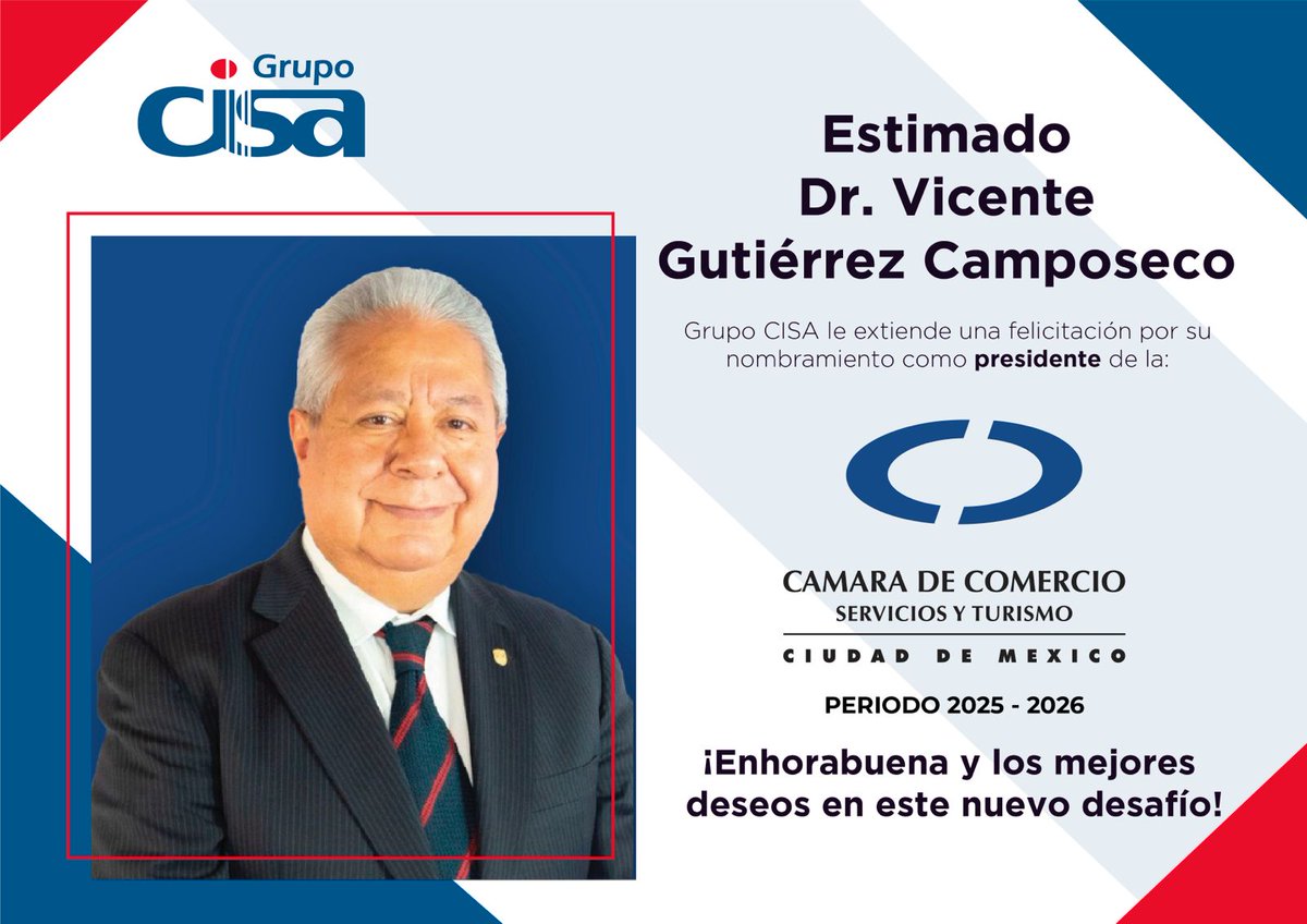 Grupo CISA (@cisamx) on Twitter photo 🎉 Grupo CISA felicita al Dr. Vicente Gutiérrez Camposeco por su nombramiento como Presidente de la <a href="/CANACOMexico/">CanacoCDMX</a> 2025-2026. 👏💼
Le deseamos mucho éxito en este nuevo desafío. 🚀📈 🎉 Grupo CISA felicita al Dr. Vicente Gutiérrez Camposeco por su nombramiento como Presidente de la <a href="/CANACOMexico/">CanacoCDMX</a> 2025-2026. 👏💼
Le deseamos mucho éxito en este nuevo desafío. 🚀📈