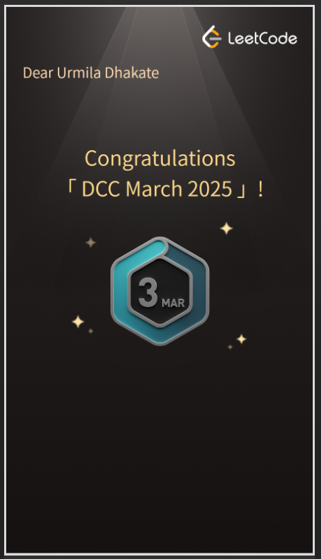 🚀 March LeetCode grind: COMPLETED! 💪✨

Pushed through the challenges, solved 🔢 problems, and leveled up my coding skills! Thanks to <a href="/LeetCode/">LeetCode</a> and the amazing community for the motivation. On to the next milestone! 🚀🔥

#LeetCode #Coding #Achievement #KeepGrinding